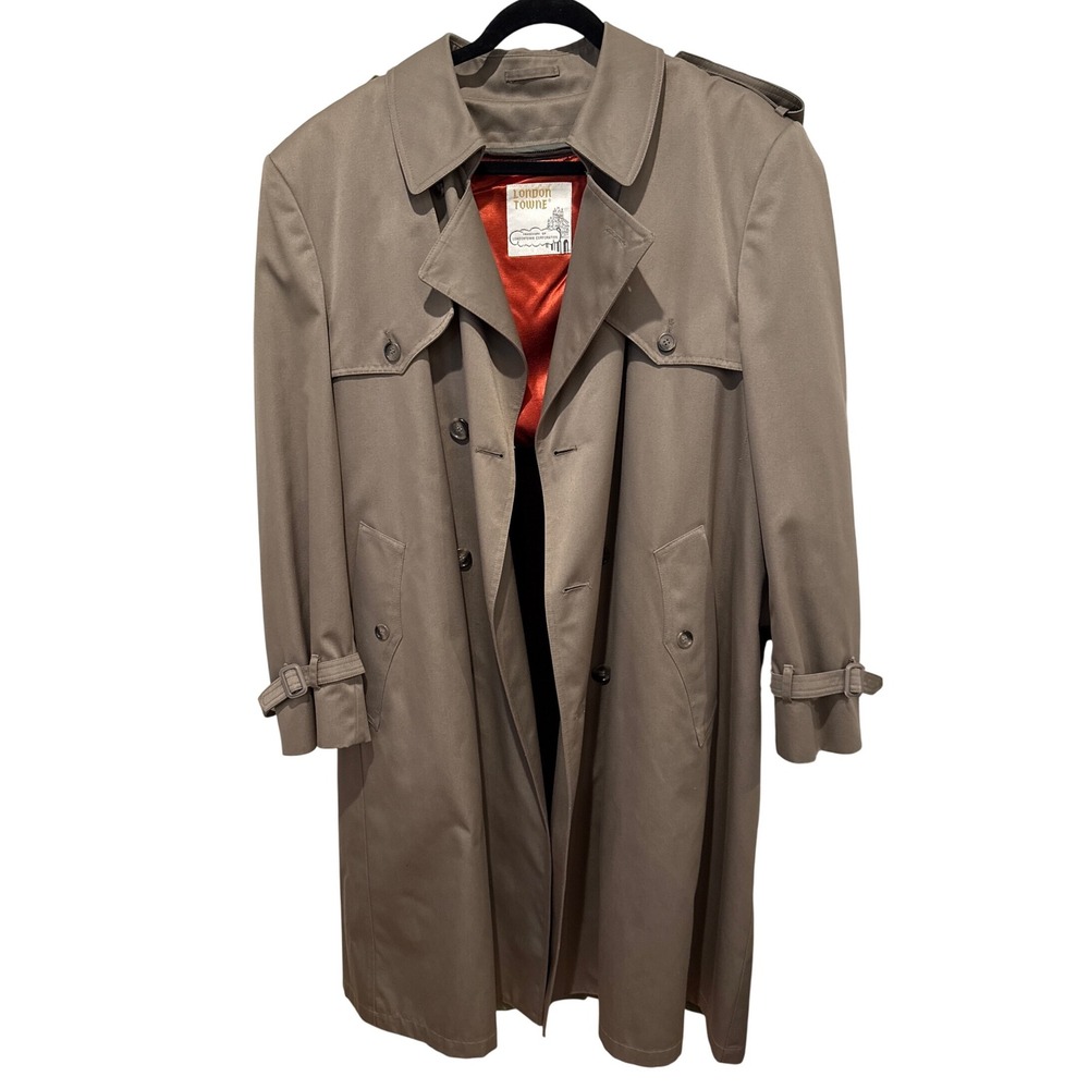London Towne‎ Men's Classic Trench Coat Taupe Double Breasted Lined Size 46 Reg